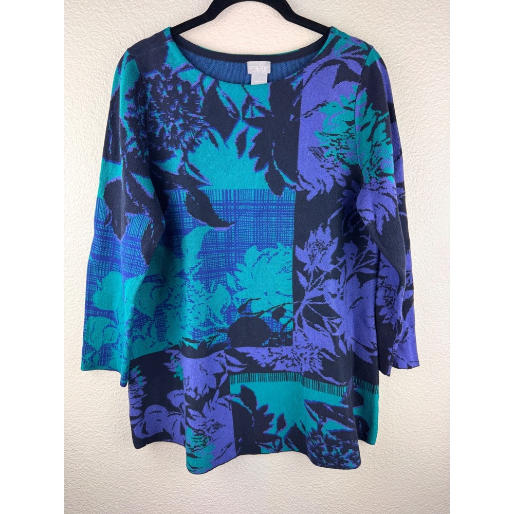 Chicos Floral Patchwork Knit‎ Sweater Long Sleeve Pullover Top Womens Size 1 M